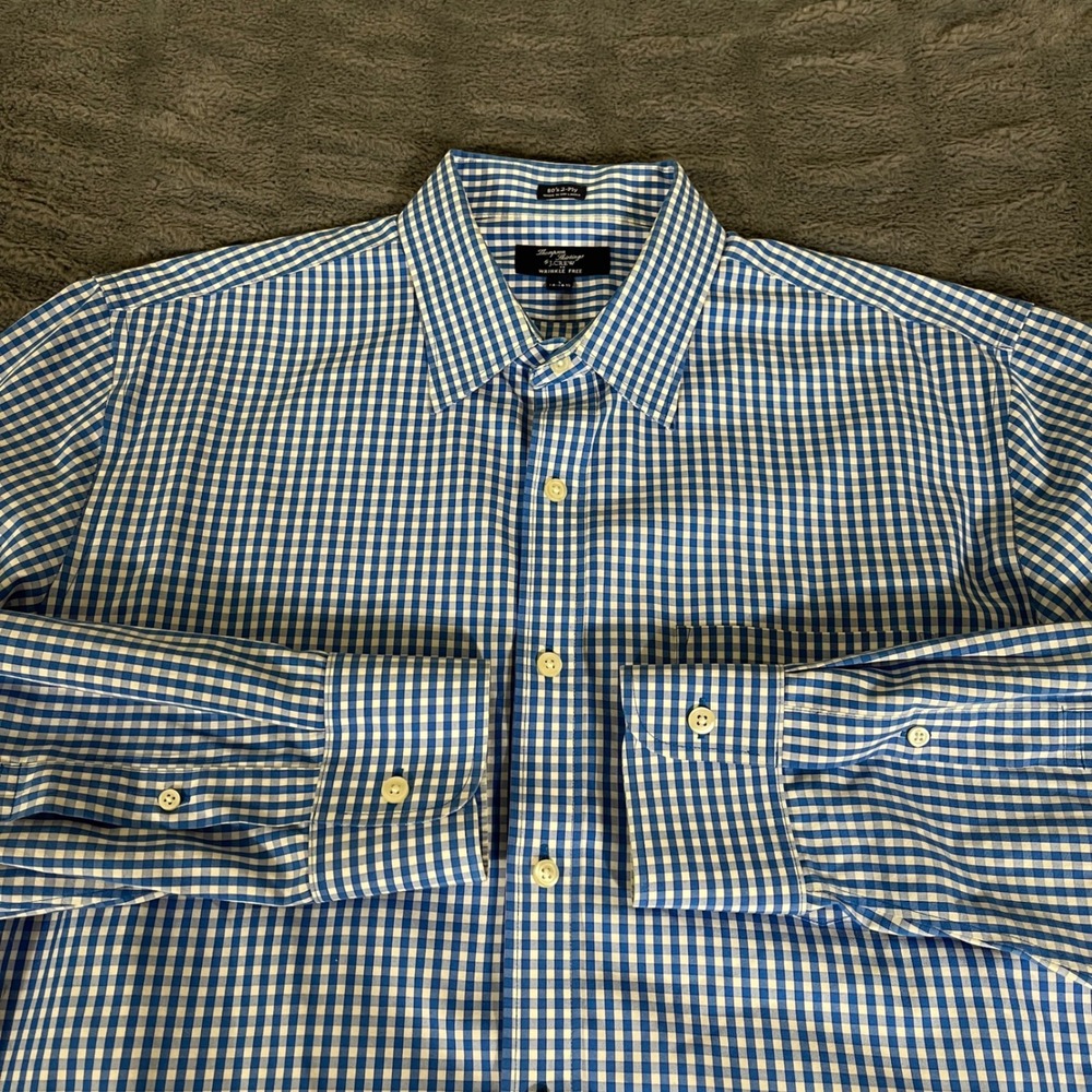 J.Crew Thompson Shirtings Blue Gingham Wrinkle Free Button Down Large 16-16.5